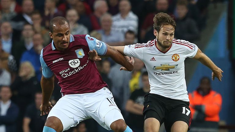 BIRMINGHAM, ENGLAND - AUGUST 14:  Daley Blind of Manchester United competes with Gabriel Agbonlahor of Aston Villa