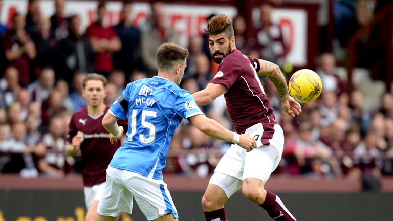 St Johnstone defender Brad McKay (left) was unimpressed with the way Hearts striker Juanma Delgado (right) threw himself around against the Perth side