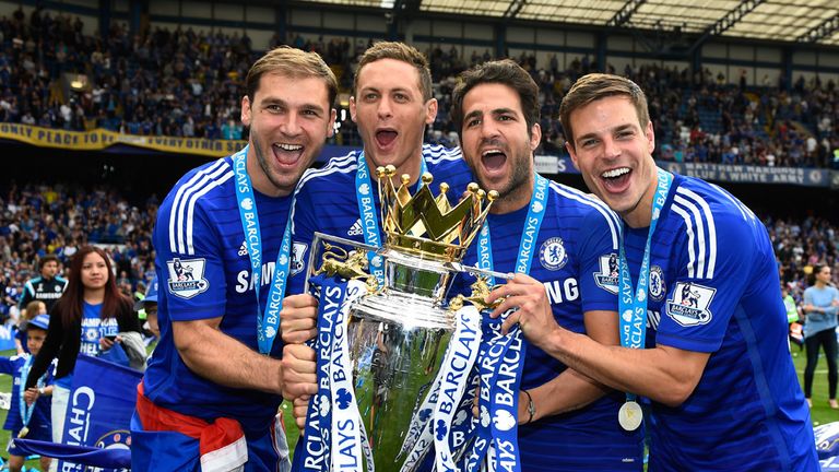 Branislav Ivanovic, Nemanja Matic, Cesc Fabregas and Cesar Azpilicueta of Chelsea celebrate 