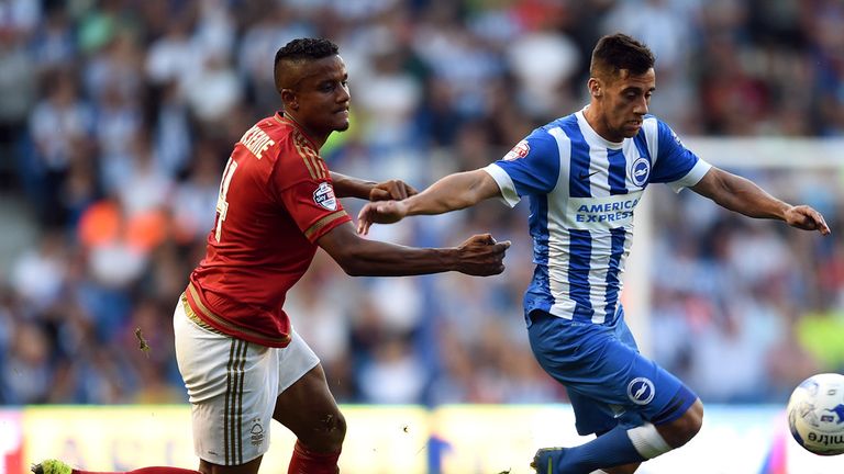 Brighton and Hove Albion's Sam Baldock (right) battles for the ball with Nottingham Forest's Michael Mancienne