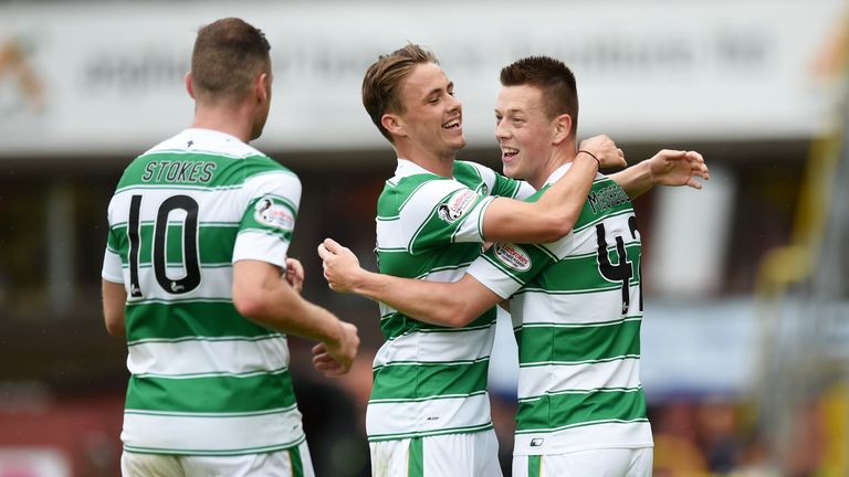 Celtic's Callum McGregor (right) celebrates his goal with team-mate Scott Allan and Anthony Stokes. 