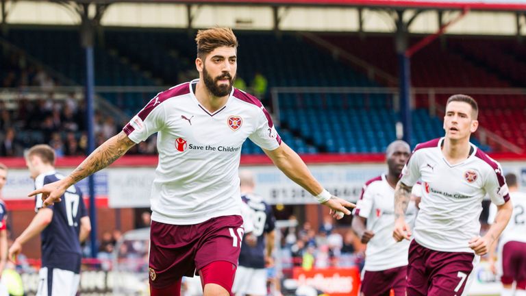 08/08/15 LADBROKES PREMIERSHIP.DUNDEE V HEARTS.DENS PARK - DUNDEE.Juanma Delgado (left) wheels away in celebration after netting the equaliser for Hearts