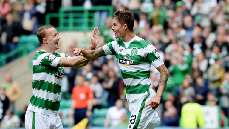 Mikael Lustig celebrates his strike for Celtic with Leigh Griffiths (left).