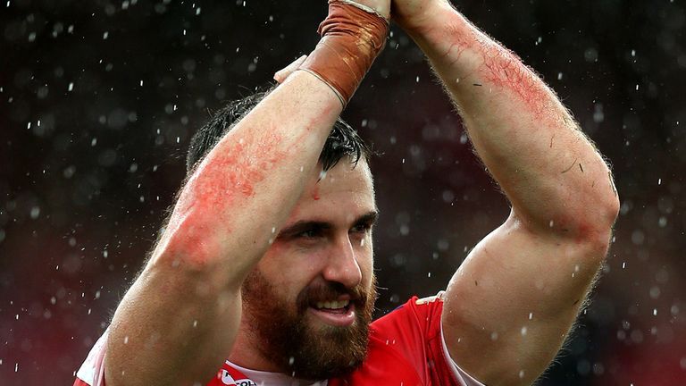 LEEDS, ENGLAND - AUGUST 01: Tyrone McCarthy of Hull KR celebrates at full-time following the Ladbrokes Challenge Cup Semi-Final match between Warrington Wo