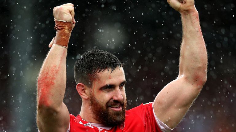 LEEDS, ENGLAND - AUGUST 01: Tyrone McCarthy of Hull KR celebrates at full-time following the Ladbrokes Challenge Cup Semi-Final match between Warrington Wo