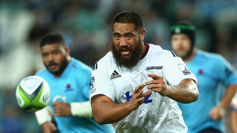 Charlie Faumuina of the Blues passes during the round seven Super Rugby match between the Waratahs and the Blues