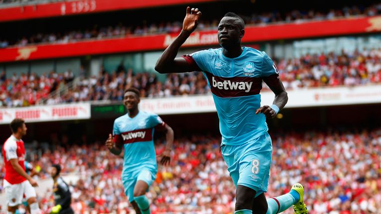 Cheikhou Kouyate celebrates after scoring for West Ham against Arsenal