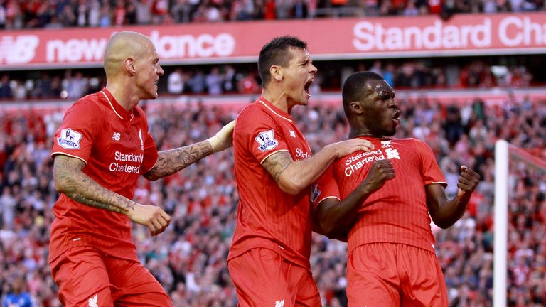 Liverpool's Christian Benteke celebrates scoring his side's opening goal against Bournemouth.