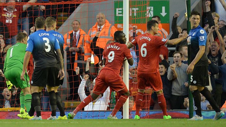 Christian Benteke goal celeb, Liverpool v Bournemouth, Premier League