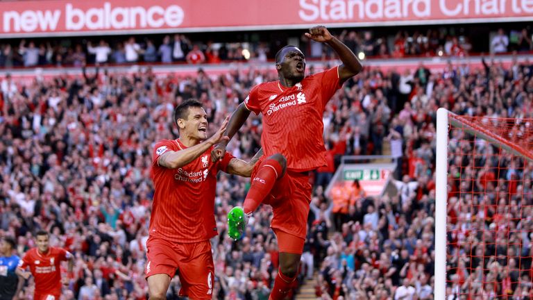 Christian Benteke celebrates after scoring for Liverpool against Bournemouth 