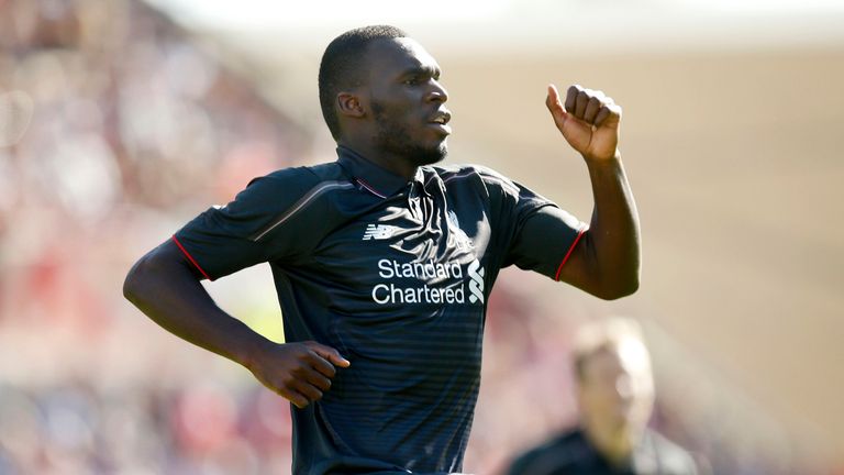 Liverpoool's Christian Benteke celebrates after scoring their first goal during the Pre-Season Friendly match at the County Ground, Swindon.