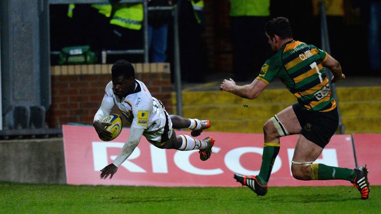 NORTHAMPTON, ENGLAND - MARCH 27: Christian Wade of Wasps dives in to score his third try of the match during the Aviva Premiership match between Northampto