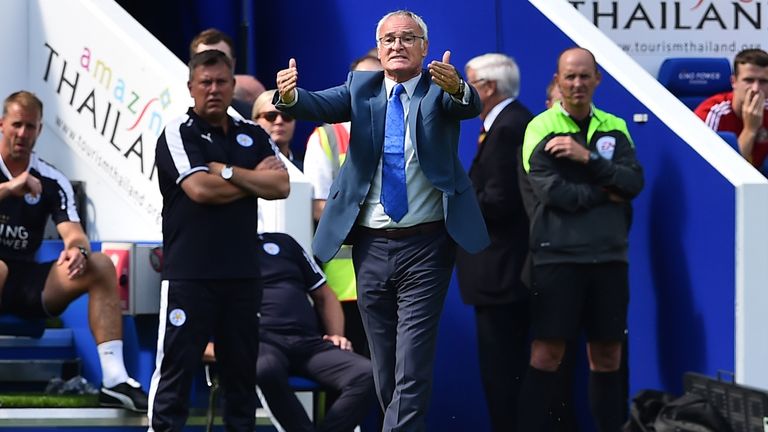 Claudio Ranieri gestures from the touchline during his first Premier League game in charge at Leicester City