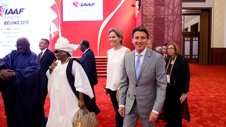 BEIJING, CHINA - AUGUST 18:  IAAF President Lamine Diack and his wife Bintou Diack arrives with Lord Sebastian Coe and his wife Carole Coe for the IAAF Con