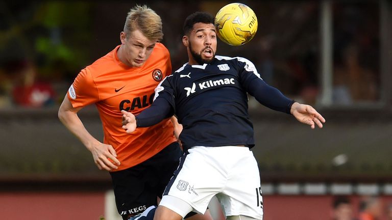 Kane Hemmings (right) and Dundee Utd's Coll Donaldson go up for a header