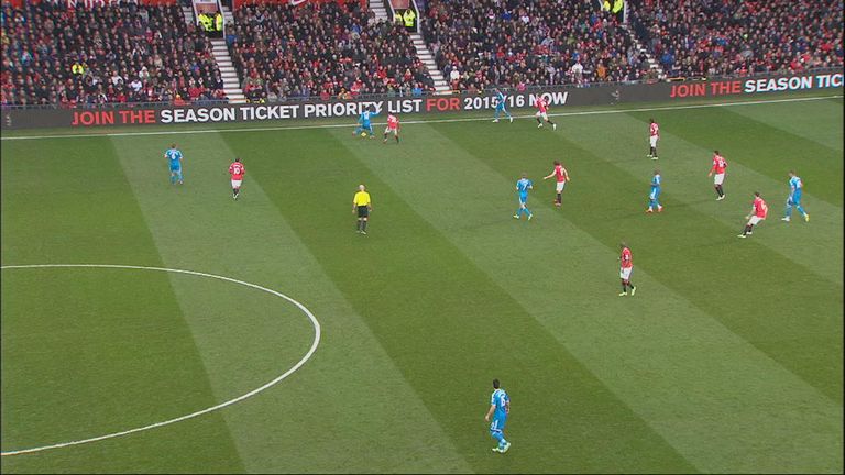 Connor Wickham (far right) is marginally offside when the ball is played up the line during Stoke's visit to Manchester United