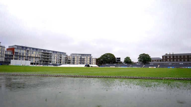 BRISTOL, ENGLAND - AUGUST 23:  General view of the outfield as rain delays the start of Day 3 at The County Ground on August 23, 2015 in Bristol, England. 