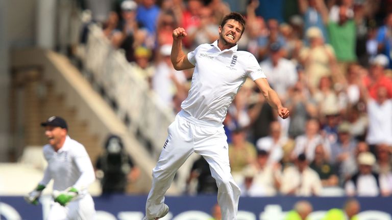 Mark Wood celebrates after dismissing Nathan Lyon to seal victory