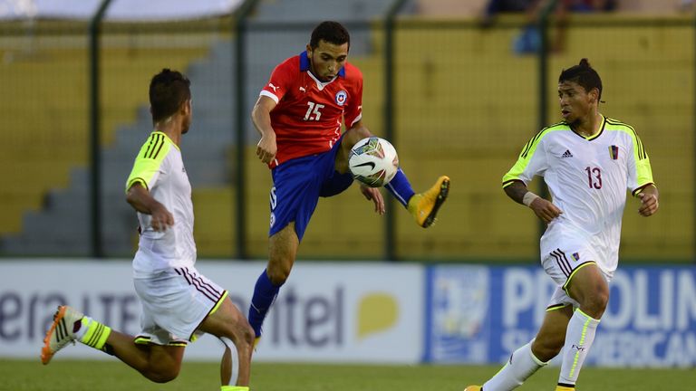 Chelsea defneder Cristian Cuevas (centre) in action for Chile's U20's.