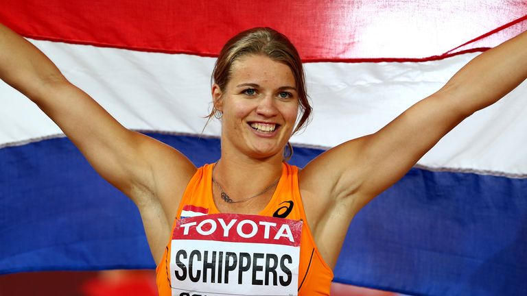 Dafne Schippers celebrates after winning silver in the women's 100 metres in Beijing