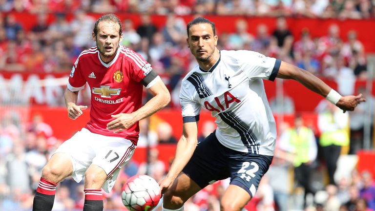 Daley Blind of Manchester United in action with Nacer Chadli of Tottenham Hotspur