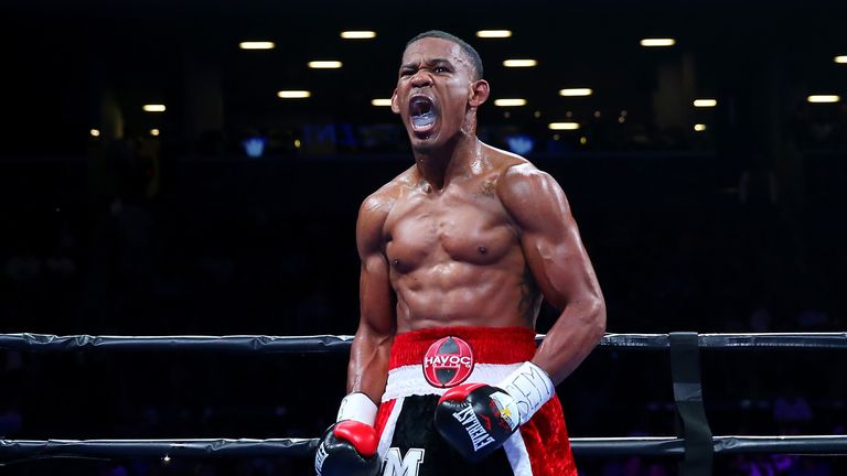 Danny Jacobs celebrates after defeating Sergio Mora in the second round during their middleweight bout at Barclays Center