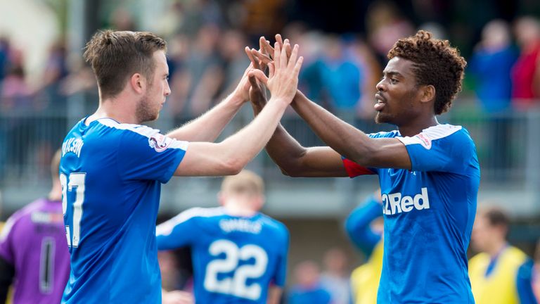 Rangers' Danny Wilson (left) and Nathan Oduwa celebrate at full-time.