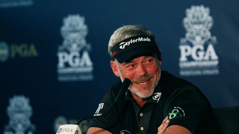 SHEBOYGAN, WI - AUGUST 11:  European Ryder Cup Captain Darren Clarke of Northern Ireland speaks to the media during a press conference in a practice round 