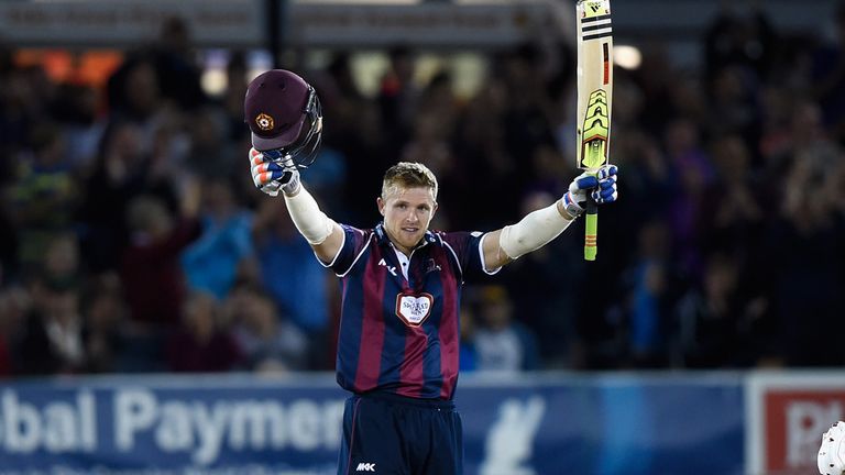 HOVE, ENGLAND - AUGUST 12:  David Willey of Northamptonshire celebrates reaching his century during the NatWest T20 Blast Quarter Final between Sussex Shar