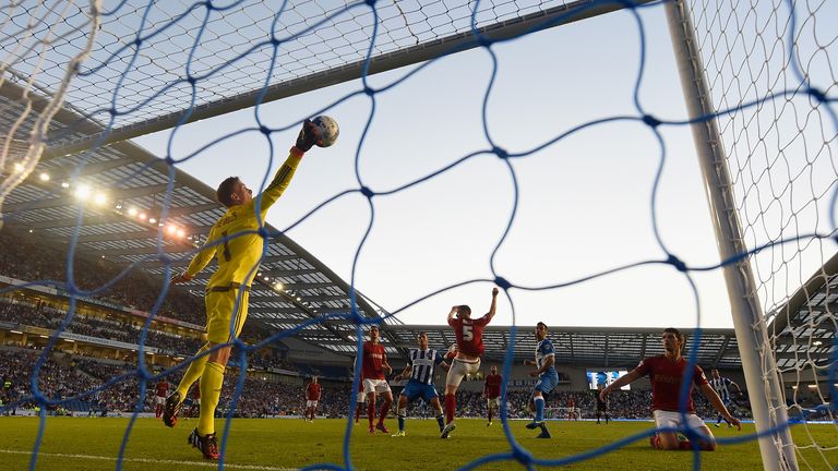 BRIGHTON, ENGLAND - AUGUST 07:  Dorus De Vries of Nottingham Forest makes a save from a header by Tomer Hemed of Brighton during the Sky Bet Championship m