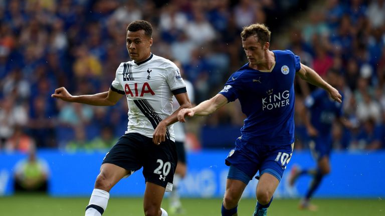 Dele Alli of Tottenham is challenged by Andy King of Leicester