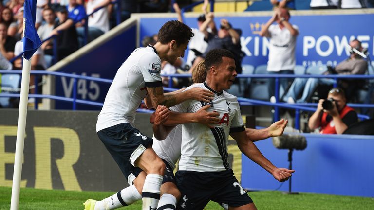 Dele Alli of Tottenham Hotspur celebrates opening the scoring at Leicester City.