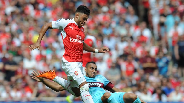 Alex Oxlade-Chamberlain of Arsenal breaks past Dimitri Payet of West Ham during the Barclays Premier League 