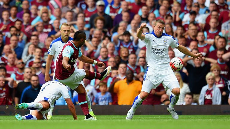 Dimitri Payet of West Ham United scores his team's first goal against Leicester City 