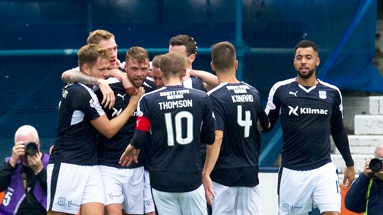 Dundee's Rory Loy (third from left) celebrates one of his goals in the 4-0 win over Kilmarnock. 