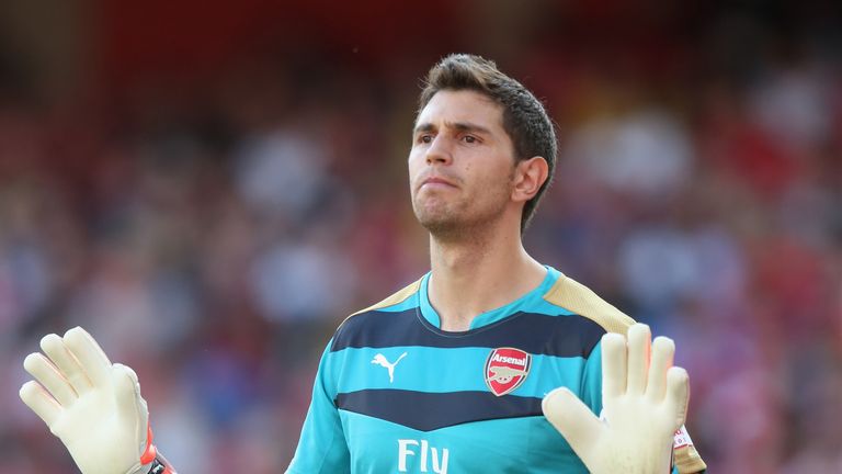 Emiliano Martinez of Arsenal looks on during the Emirates Cup match between Arsenal and Olympique Lyonnais at the Emirates Stadium