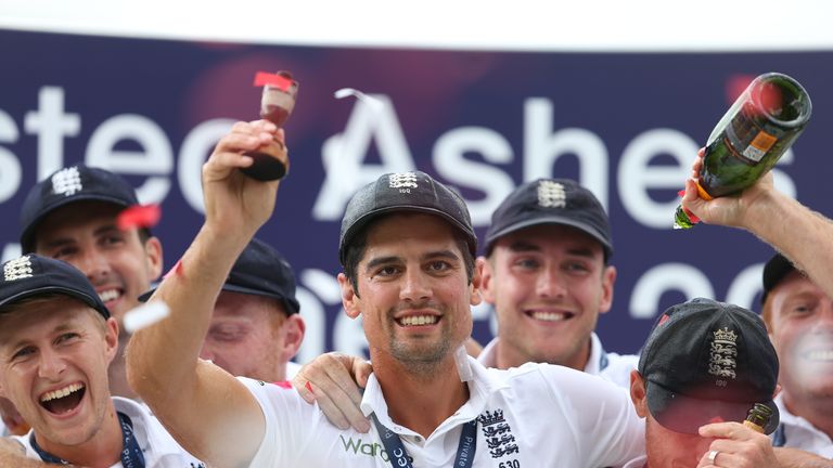 England captain Alastair Cook lifts the Ashes Urn during day four of the Fifth Investec Ashes Test at The Kia Oval, London