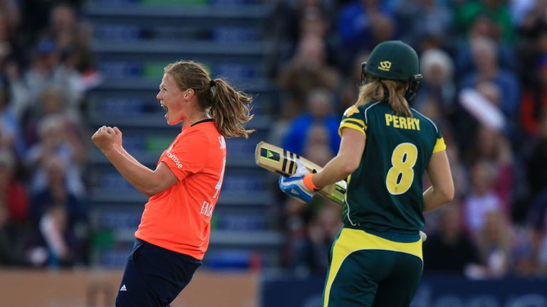 England's Amy Shrubsole (left) celebrates the wicket of Australia's Ellyse Perry (right) during the second Twenty20 match of the Women's Ashes series