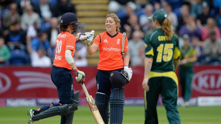Lydia Greenway and Heather Knight of England celebrate winning the 3rd NatWest T20 of the Women's Ashes Series v Australia