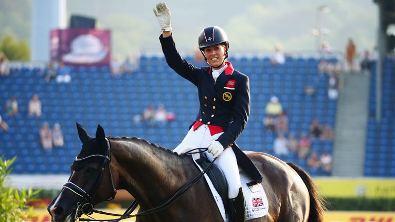 Charlotte Dujardin reacts after competing on her horse Valegro in the Dressage Grand Prix team final at the FEI European Equestrian Championship