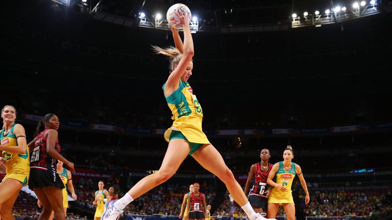 Erin Bell of the Diamonds catches the ball during the 2015 Netball World Cup match between Australia and Trinidad & Tobago at Allphones Arena 