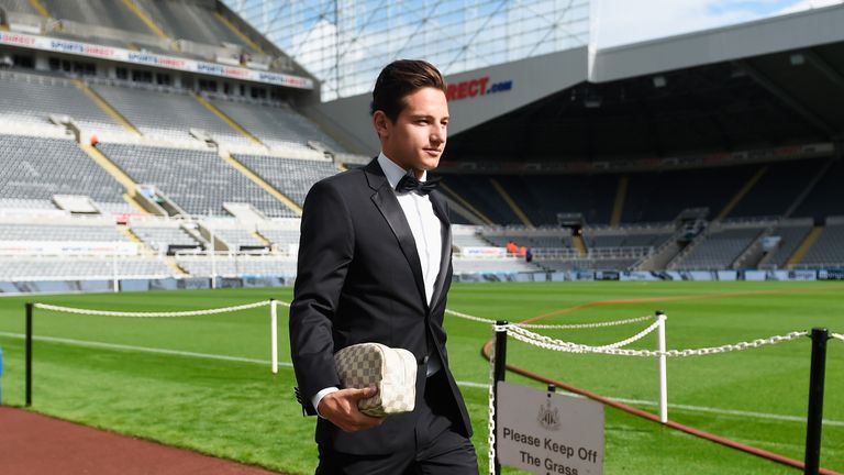 Florian Thauvin of Newcastle United arrives in a tuxedo for the Barclays Premier League match between Newcastle United and Arsenal