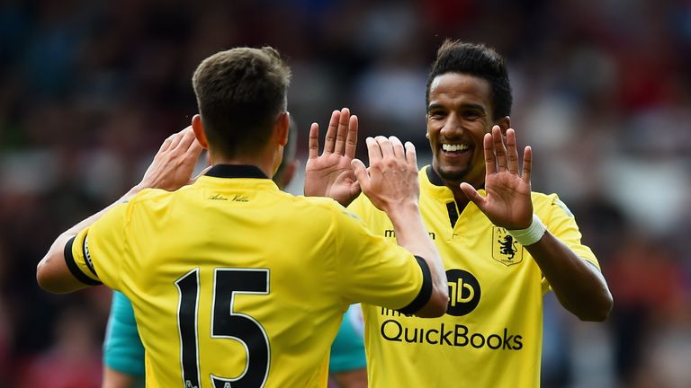 Scott Sinclair of Aston Villa is congratulated on scoring in the Pre Season Friendly against Nottingham Forest