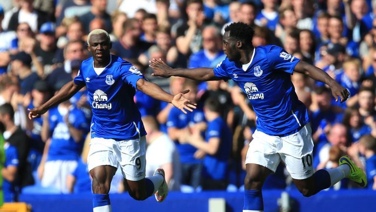 Everton's Arouna Kone (left) celebrates scoring his sides second goal of the game against Watford with Romelu Lukaku
