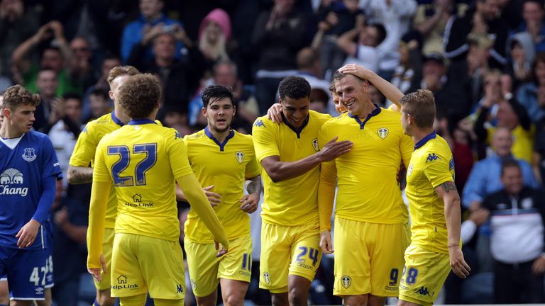 Chris Wood (2R) of Leeds celebrates with his team-mates after he scores during the Pre Season against Everton