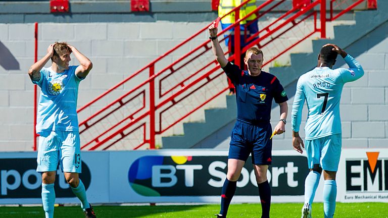 Partick Thistle's Frederic Frans (left) was shown a red card for two bookable offences after just 25 minutes against Hamilton.