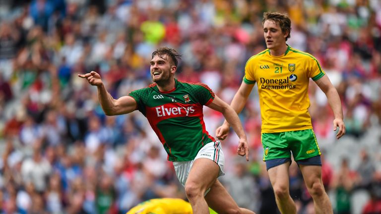 Mayo's Aidan O'Shea celebrates after finding the net late in the first half