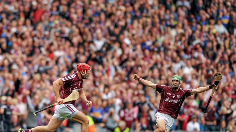 Galway's Iarla Tannian (left) and David Burke celebrate victory at the final whistle