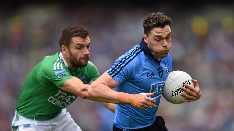 Paddy Andrews, Dublin, in action against Ryan McCluskey, Fermanagh. 