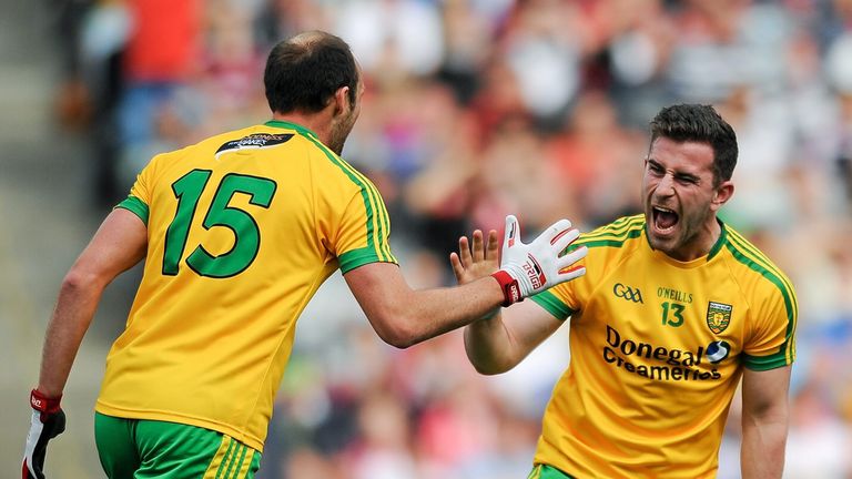 Paddy McBrearty (right) celebrates with Colm McFadden after scoring Donegal's first goal